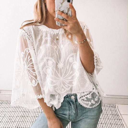 Women's Blouse Summer Fashion Elegant Women's Chiffon Shirt Hollow Out Three Quarter Shirts Butterfly Flower Lady Tops Clothing