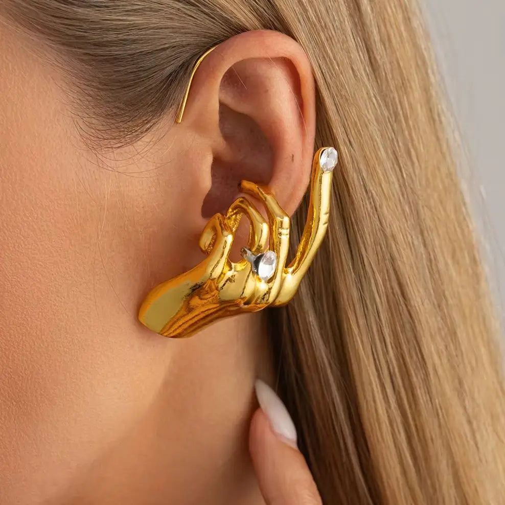 KunJoe 1PC Novelty Design Metal Hand Left Earcuff Dangle Earrings For Women Fashion Show Statement Earrings Jewelry Accessories