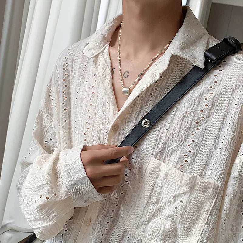 New Men's Personalized Shirts Men Handsome Lapel Blouse Vacation Hollow Out Sexy Fashion Clothing Male Mesh Long Sleeve Shirts