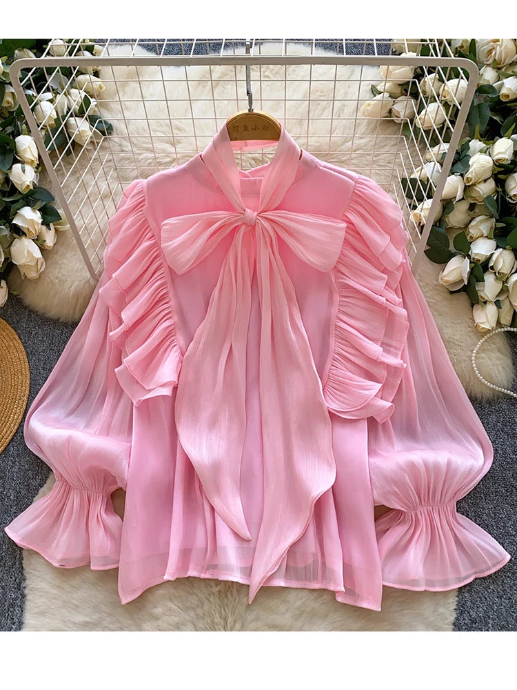 Women Blouse Elegant Bow-detailed Chiffon Blouse Ruffle Hem Featuring Lightweight Layering Piece Spring Summer Blusa Top BL341