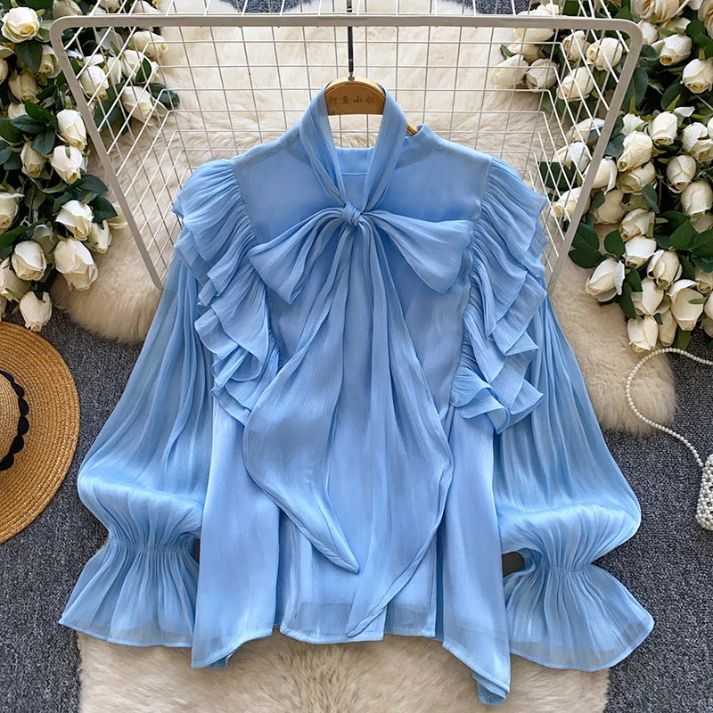 Women Blouse Elegant Bow-detailed Chiffon Blouse Ruffle Hem Featuring Lightweight Layering Piece Spring Summer Blusa Top BL341