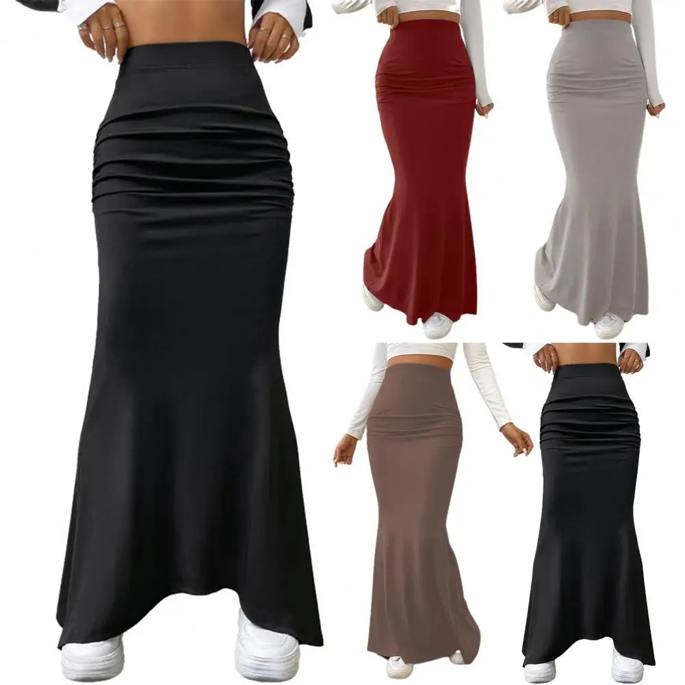 Women Maxi Skirt Solid Color High Waist Knitted Women's Fishtail Skirt Long Skirt Spring Autumn Elegant Shirring Design Skirts