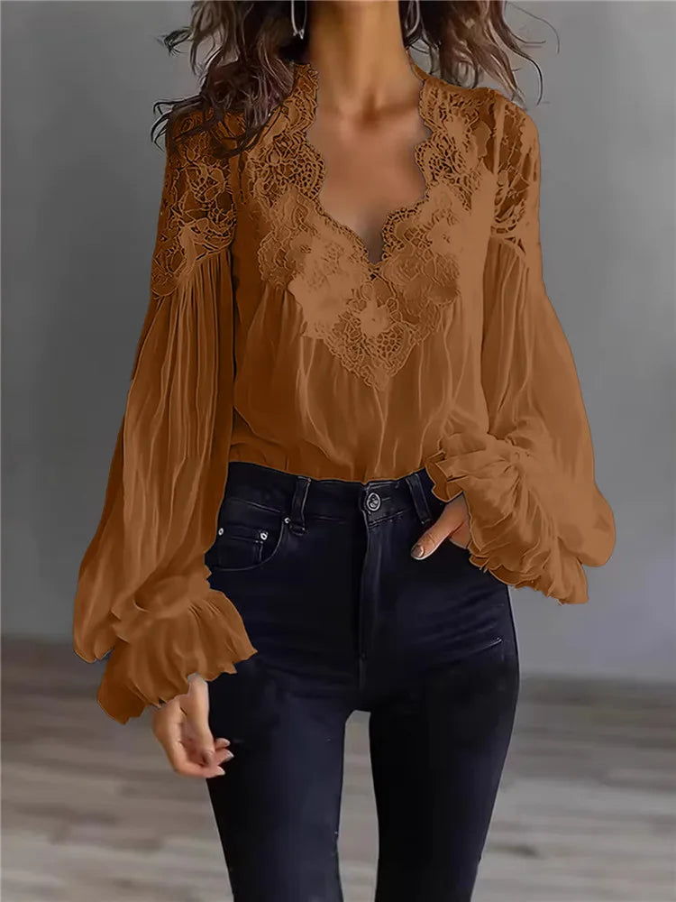 Women's Blouse Black White Elegant Sexy V-Neck Lace Splicing Lantern Sleeve Solid Blouse Fashion Loose Casual Shirts For Female