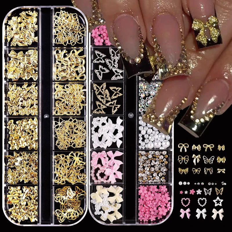 24-Piece 3D Y2K Millennial Nail Art Decoration Set, Assorted Rhinestones, Pearls, Butterfly, Heart & Flower DIY Nail Charms