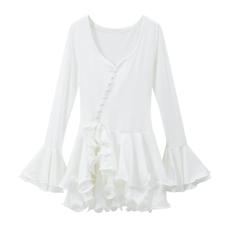 Pink Flare Sleeve Ruffle Pleated Mini Dress Women's Irregular Deep V-neck Buttons A-line Gowns Lady 2025 Party Club Vestidos New