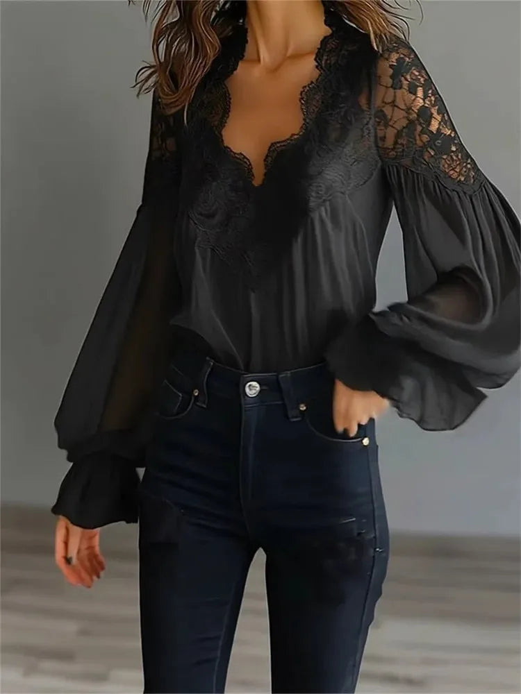 Women's Blouse Black White Elegant Sexy V-Neck Lace Splicing Lantern Sleeve Solid Blouse Fashion Loose Casual Shirts For Female
