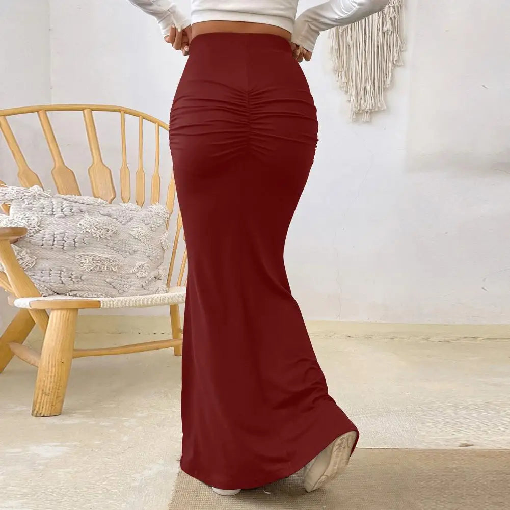 Women Maxi Skirt Solid Color High Waist Knitted Women's Fishtail Skirt Long Skirt Spring Autumn Elegant Shirring Design Skirts