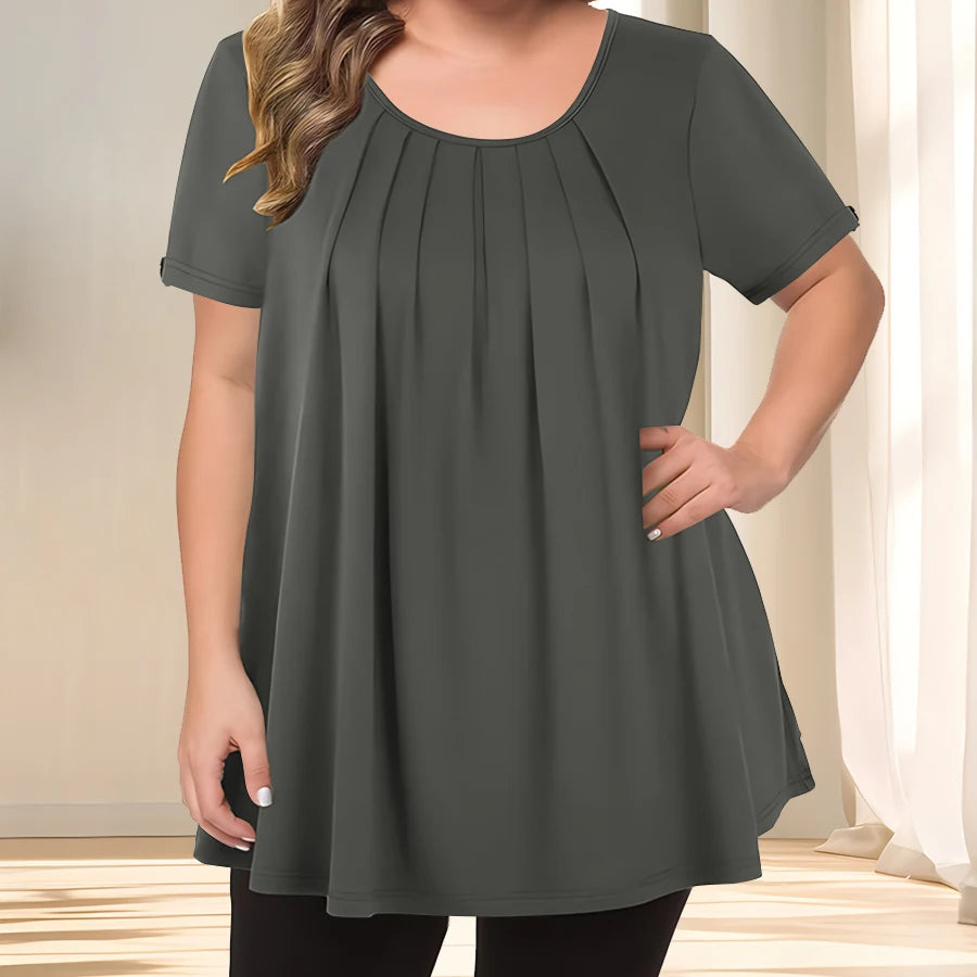 [Elegant Plus Size Blouse] Lightweight Polyester Women's Casual Crew Neck Short Sleeve Blouse, Plus Size | Solid Color, Subtle S