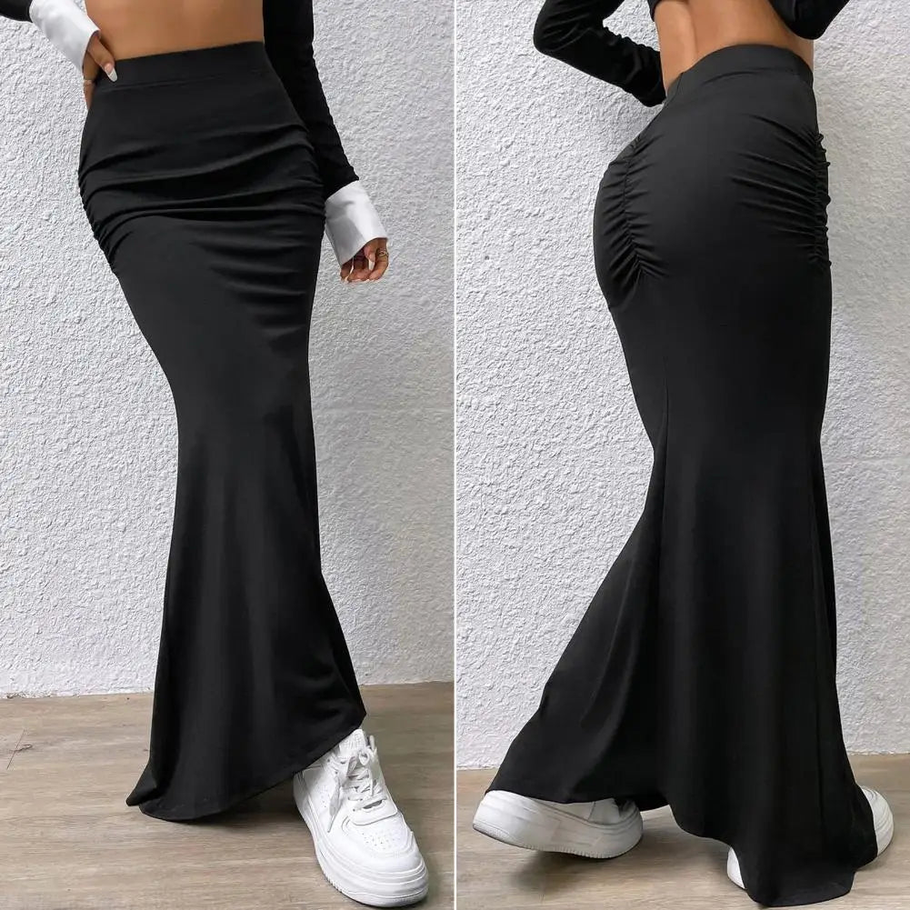 Women Maxi Skirt Solid Color High Waist Knitted Women's Fishtail Skirt Long Skirt Spring Autumn Elegant Shirring Design Skirts