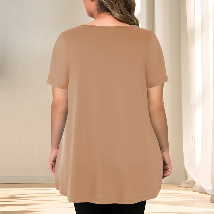 [Elegant Plus Size Blouse] Lightweight Polyester Women's Casual Crew Neck Short Sleeve Blouse, Plus Size | Solid Color, Subtle S