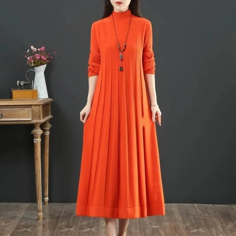 Autumn/Winter Women Knitted Dress 2025 New Solid Loose Pullover Half High Collar Long Knitted Sweater Dress Female High-Quality