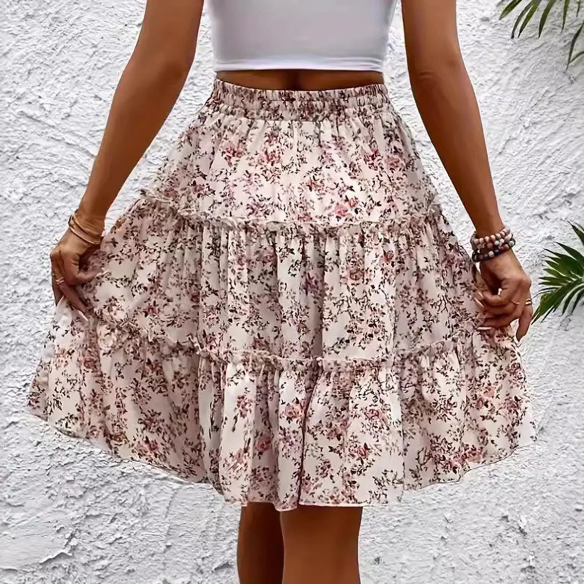 Women's Spliced Cake Skirt Fashionable Floral Print Elastic Waist Strap Versatile Casual Skirts Comfortable knee-length skirt