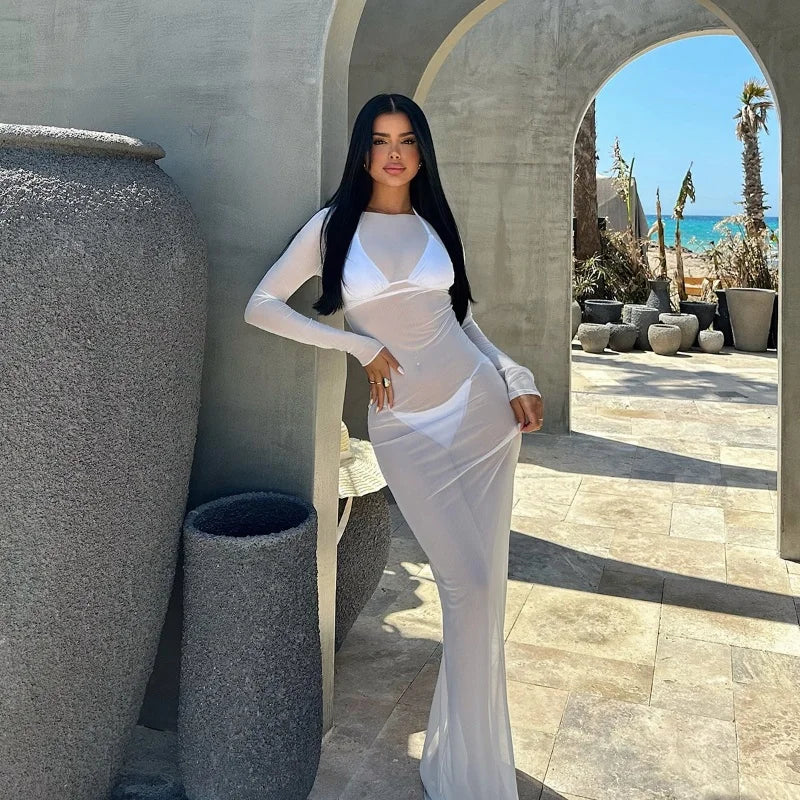 Women Slash Neck Mesh See-Through Dress New Sexy Slim Pullover Long Sleeve Floor-Length Solid Dresses Beach Style Swimsuit Cover