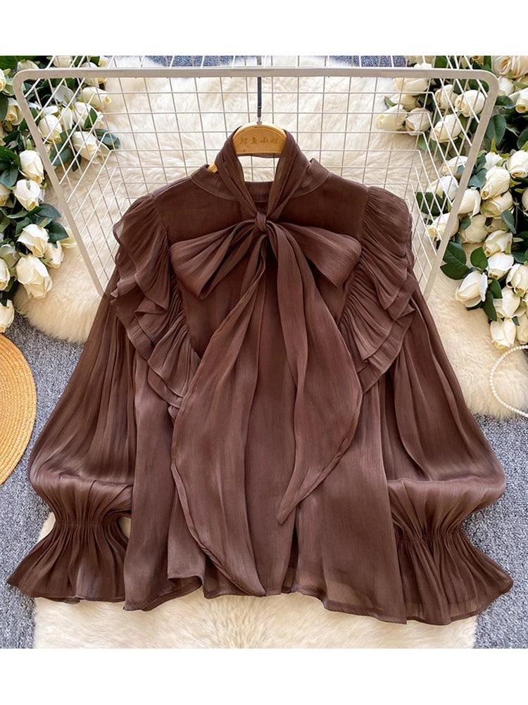 Women Blouse Elegant Bow-detailed Chiffon Blouse Ruffle Hem Featuring Lightweight Layering Piece Spring Summer Blusa Top BL341