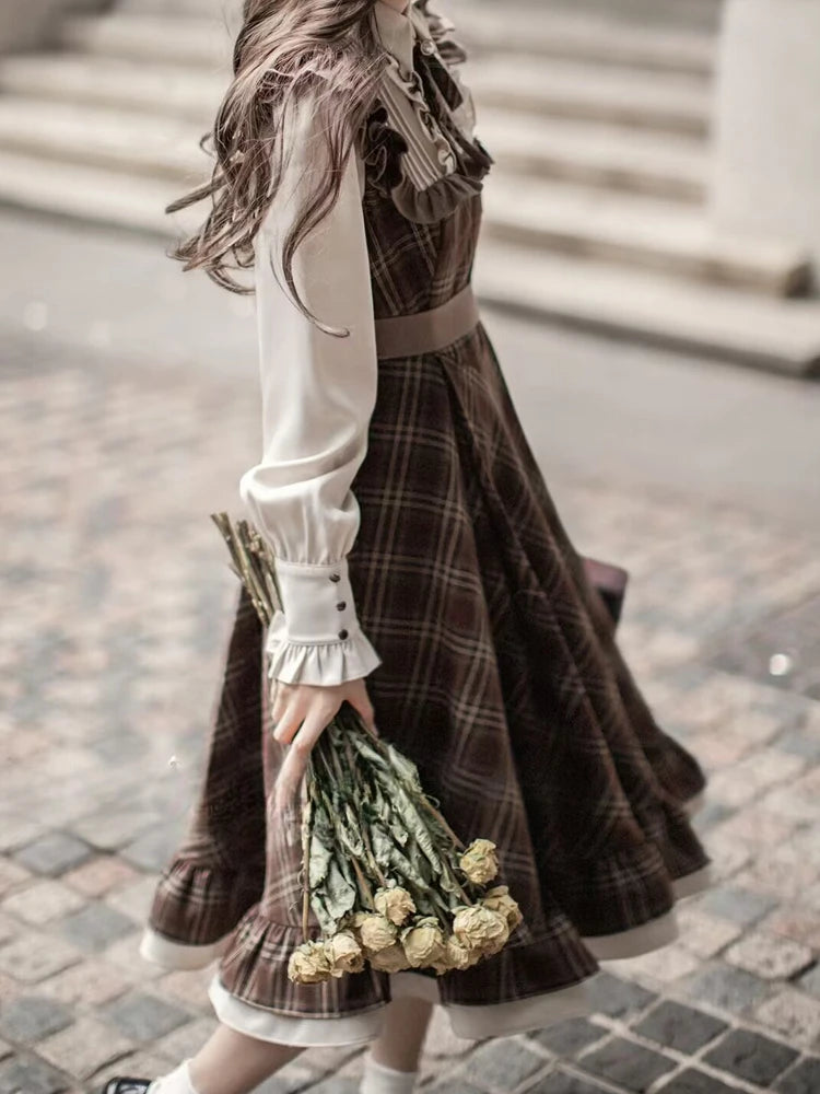 Fake Two-Piece Dress for Women Long Skirt Slim Fit Waist Cinching Vintage Lolita Plaid Bow New Korean Style Fashion Winter 2024