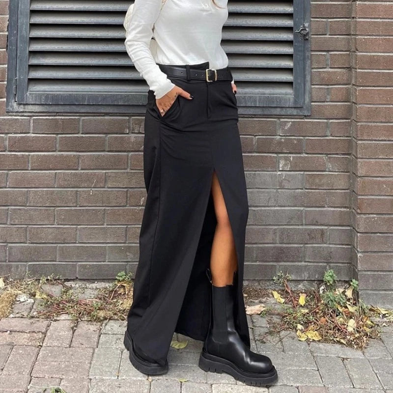 Black Skirt 2025 Summer Design Split Satin Women's Long Skirt