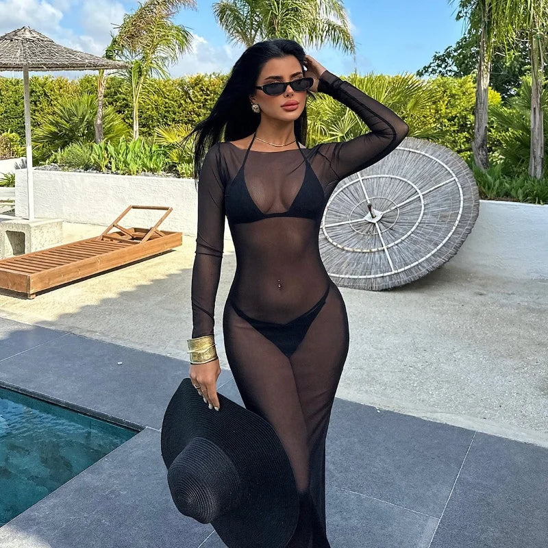 Women Slash Neck Mesh See-Through Dress New Sexy Slim Pullover Long Sleeve Floor-Length Solid Dresses Beach Style Swimsuit Cover
