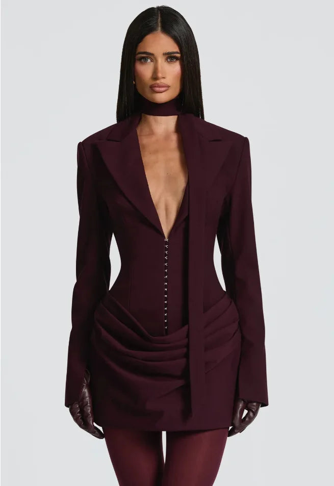 Suninheart Strong Shoulder Blazer Dress for Women Winter Belted Waist Dress Draped Hem Business Evening Dress Party 2025 New