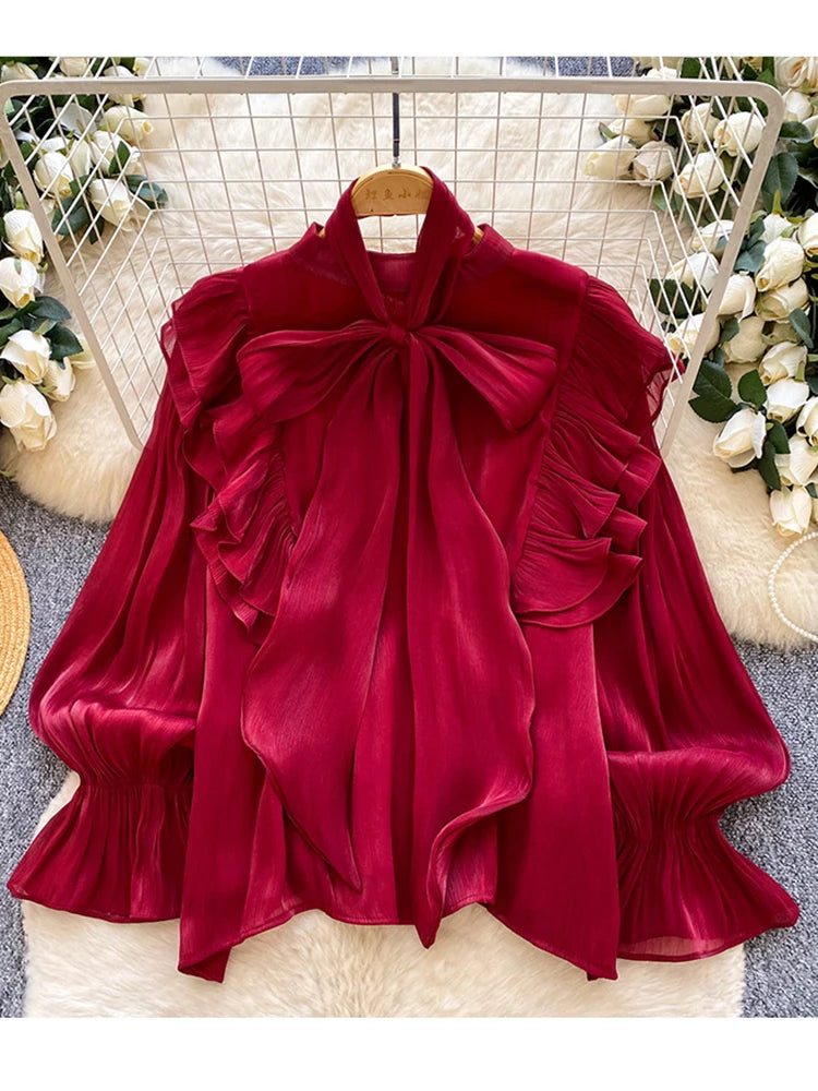 Women Blouse Elegant Bow-detailed Chiffon Blouse Ruffle Hem Featuring Lightweight Layering Piece Spring Summer Blusa Top BL341