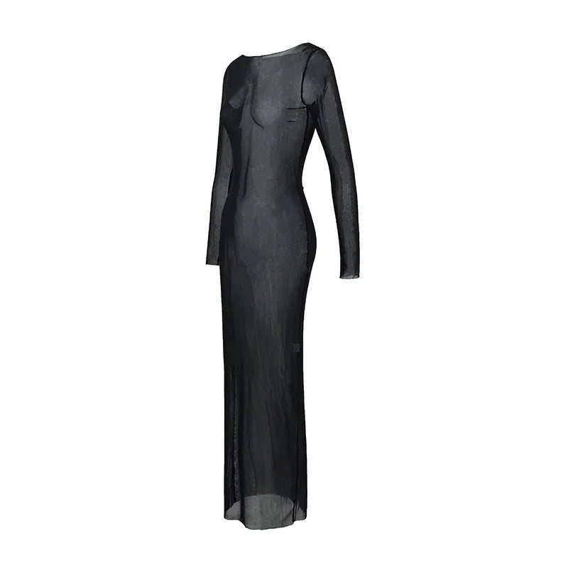 Women Slash Neck Mesh See-Through Dress New Sexy Slim Pullover Long Sleeve Floor-Length Solid Dresses Beach Style Swimsuit Cover