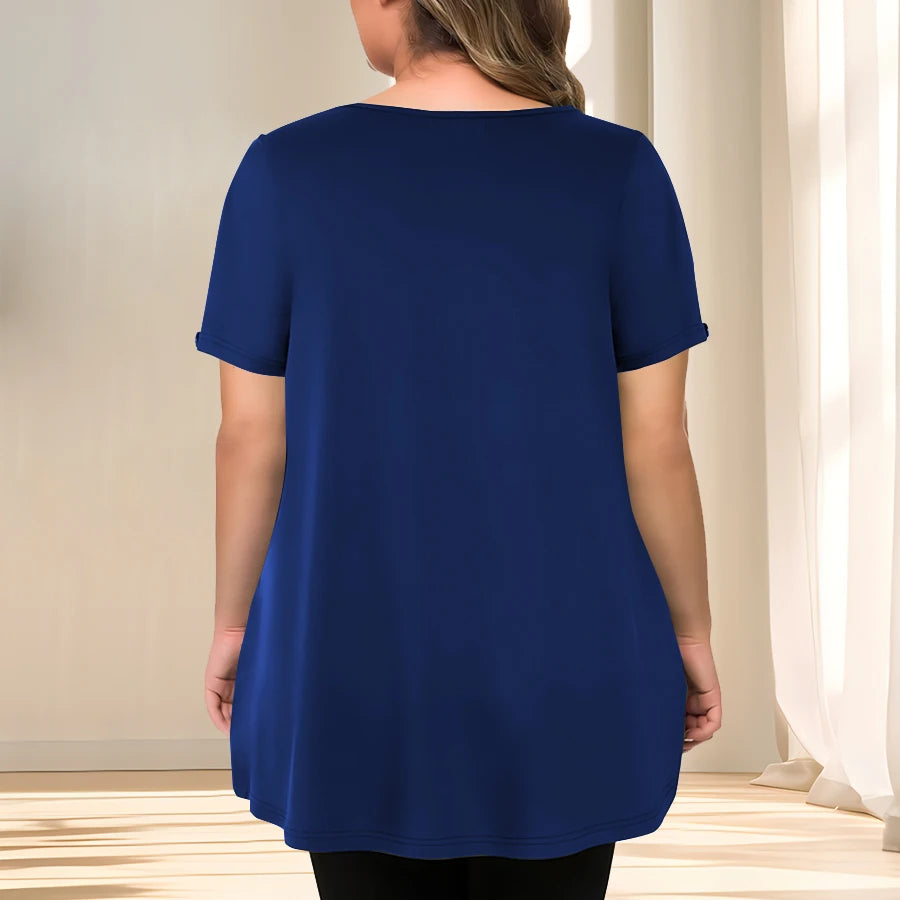 [Elegant Plus Size Blouse] Lightweight Polyester Women's Casual Crew Neck Short Sleeve Blouse, Plus Size | Solid Color, Subtle S