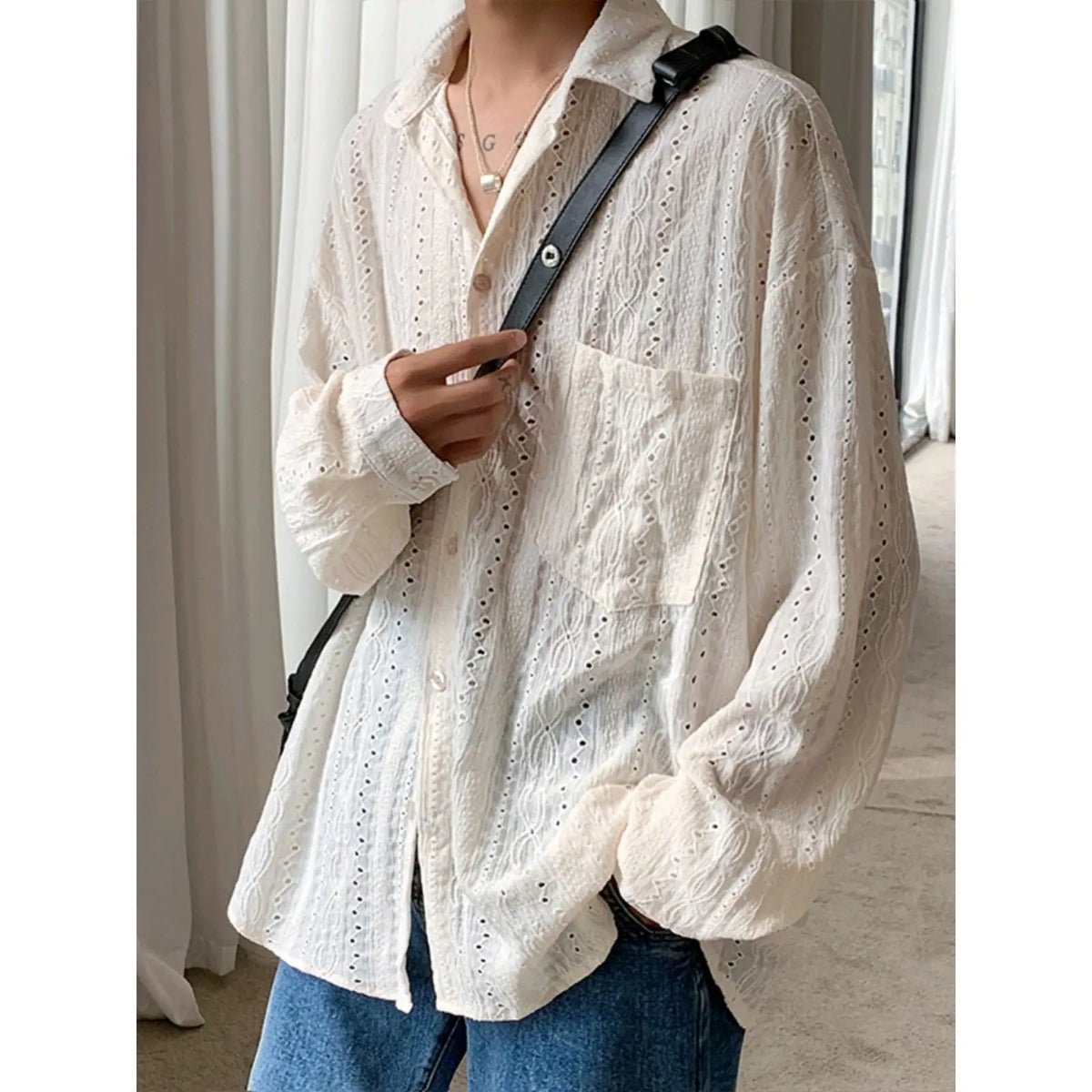 New Men's Personalized Shirts Men Handsome Lapel Blouse Vacation Hollow Out Sexy Fashion Clothing Male Mesh Long Sleeve Shirts