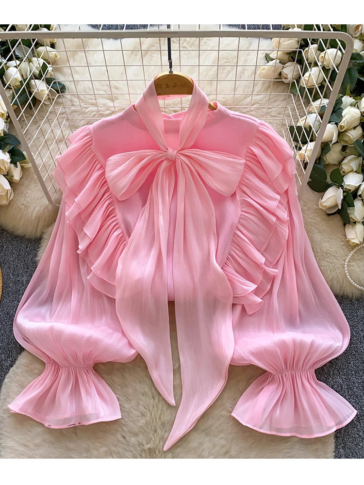 Women Blouse Elegant Bow-detailed Chiffon Blouse Ruffle Hem Featuring Lightweight Layering Piece Spring Summer Blusa Top BL341