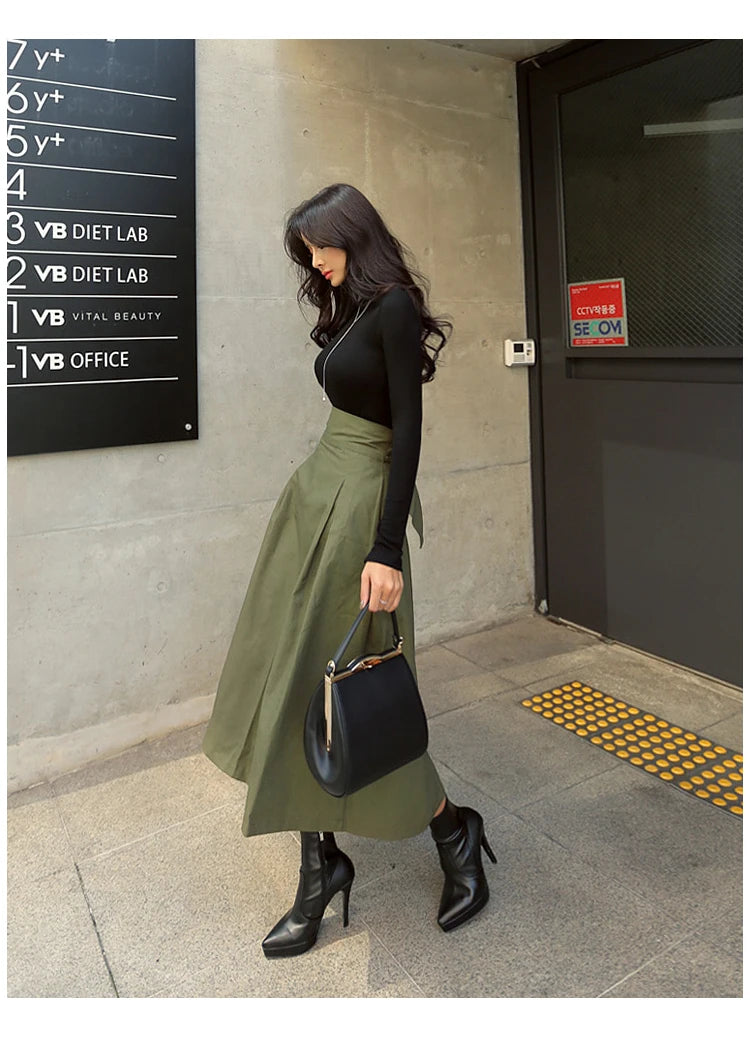 Skirts Womens Korean Fashion Solid Color Big Swing Ladies Skirt Long Skirt 2025 Autumn Wild High Waist Bow Slim Skirts