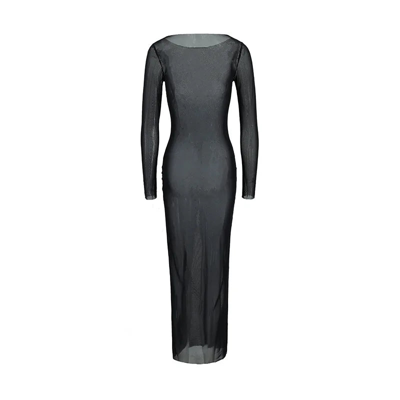 Women Slash Neck Mesh See-Through Dress New Sexy Slim Pullover Long Sleeve Floor-Length Solid Dresses Beach Style Swimsuit Cover