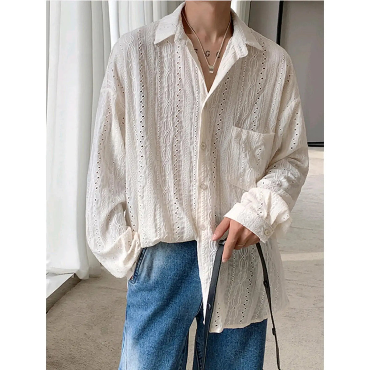 New Men's Personalized Shirts Men Handsome Lapel Blouse Vacation Hollow Out Sexy Fashion Clothing Male Mesh Long Sleeve Shirts