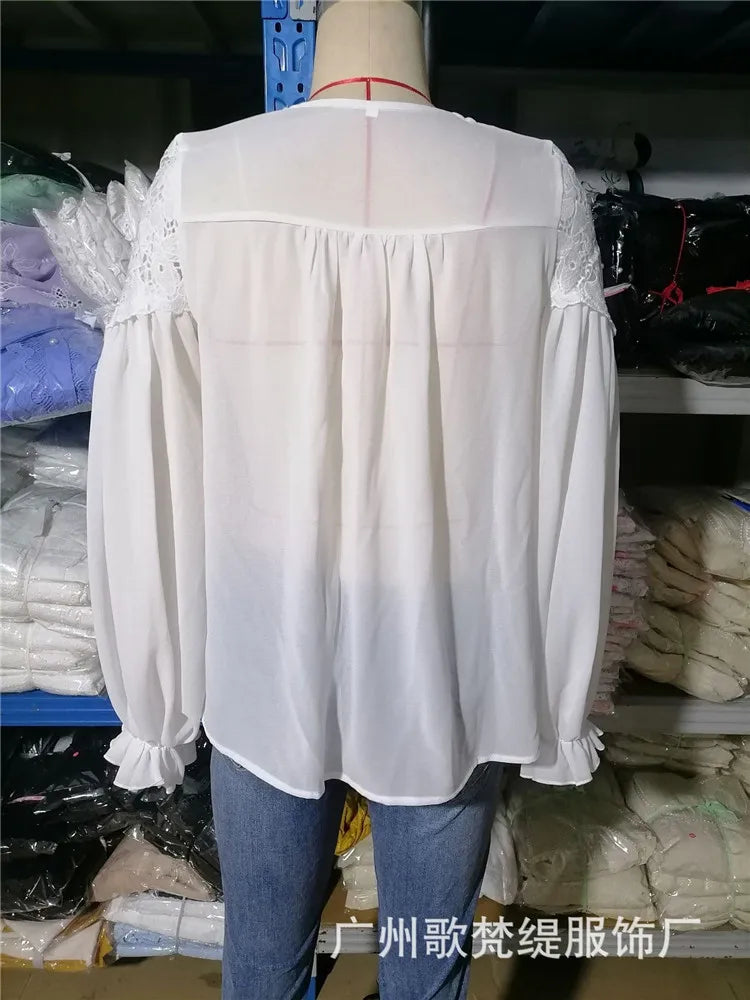 Women's Blouse Black White Elegant Sexy V-Neck Lace Splicing Lantern Sleeve Solid Blouse Fashion Loose Casual Shirts For Female