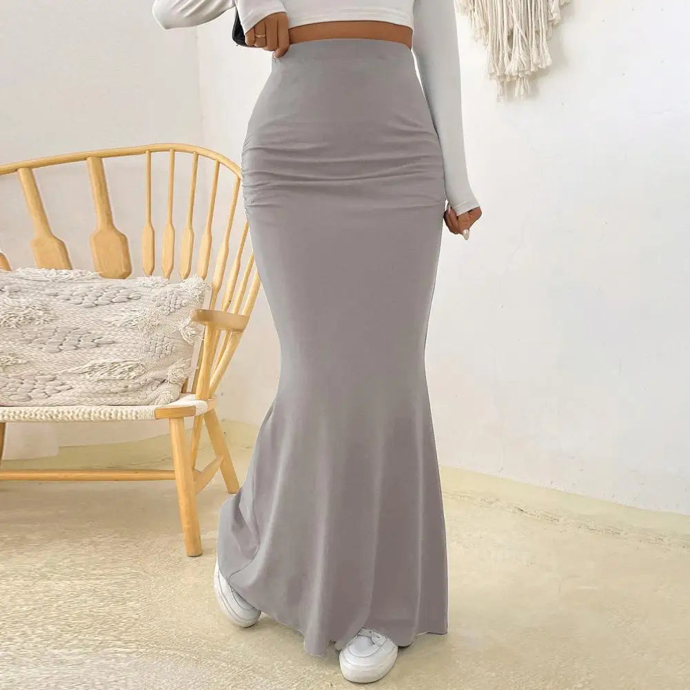 Women Maxi Skirt Solid Color High Waist Knitted Women's Fishtail Skirt Long Skirt Spring Autumn Elegant Shirring Design Skirts