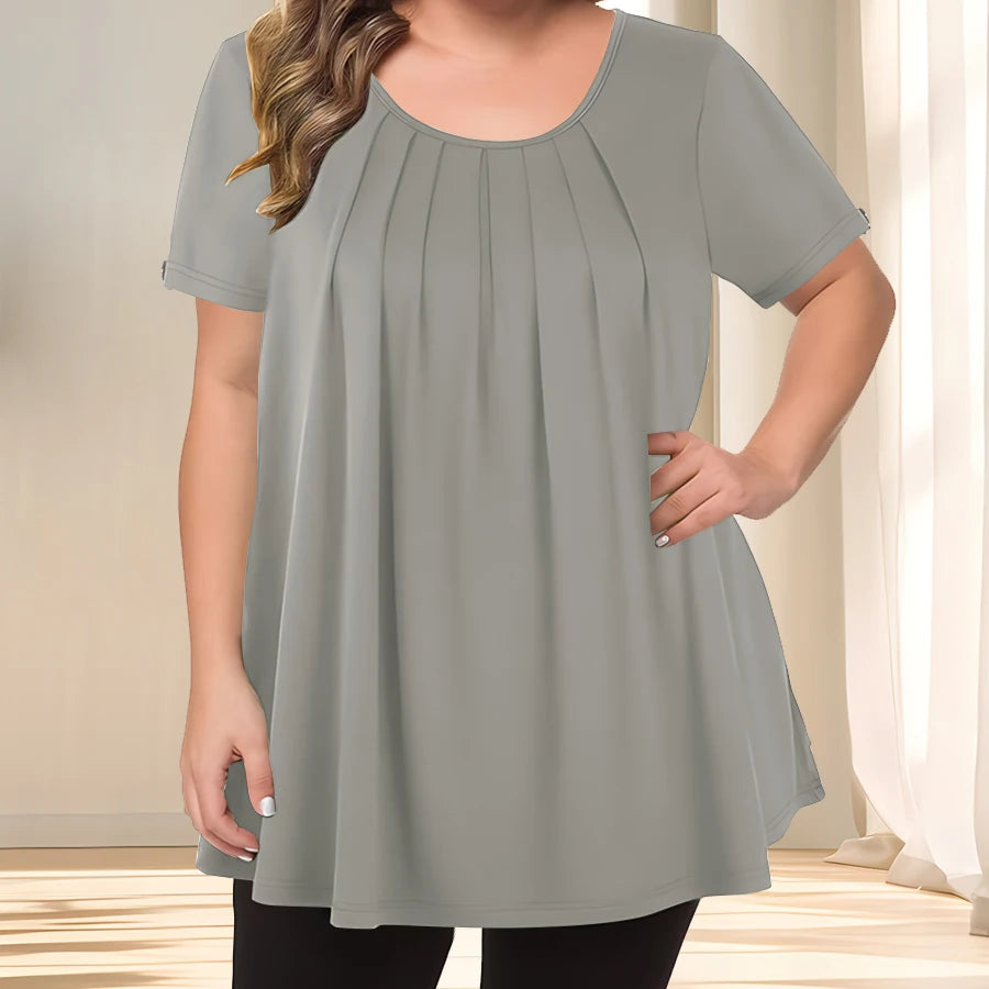 [Elegant Plus Size Blouse] Lightweight Polyester Women's Casual Crew Neck Short Sleeve Blouse, Plus Size | Solid Color, Subtle S