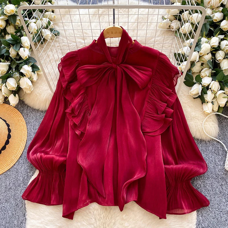 Women Blouse Elegant Bow-detailed Chiffon Blouse Ruffle Hem Featuring Lightweight Layering Piece Spring Summer Blusa Top BL341