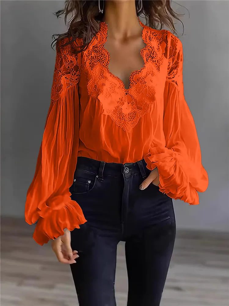 Women's Blouse Black White Elegant Sexy V-Neck Lace Splicing Lantern Sleeve Solid Blouse Fashion Loose Casual Shirts For Female