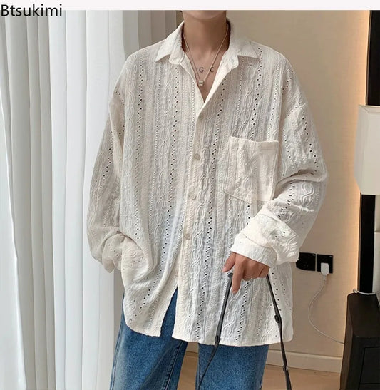 New Men's Personalized Shirts Men Handsome Lapel Blouse Vacation Hollow Out Sexy Fashion Clothing Male Mesh Long Sleeve Shirts