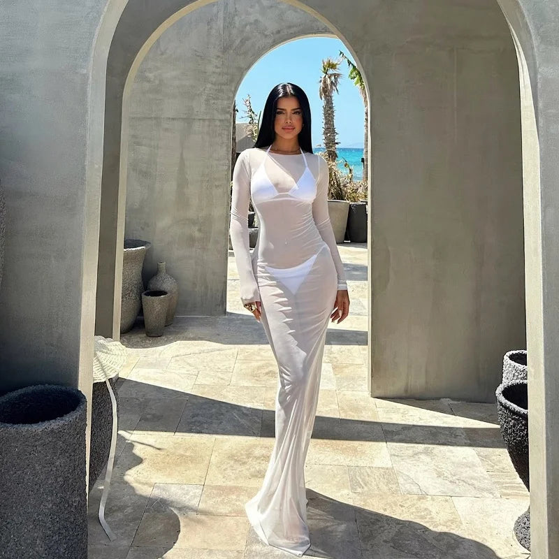 Women Slash Neck Mesh See-Through Dress New Sexy Slim Pullover Long Sleeve Floor-Length Solid Dresses Beach Style Swimsuit Cover