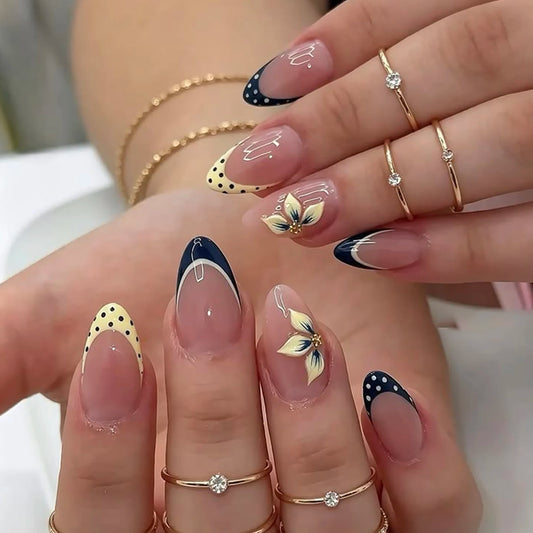24 Handmade Almond Press-On Nails. Sheer Nude Base, Navy French Tips with White Polka Dots, Yellow Polka Dot Tips & Hand-Painted