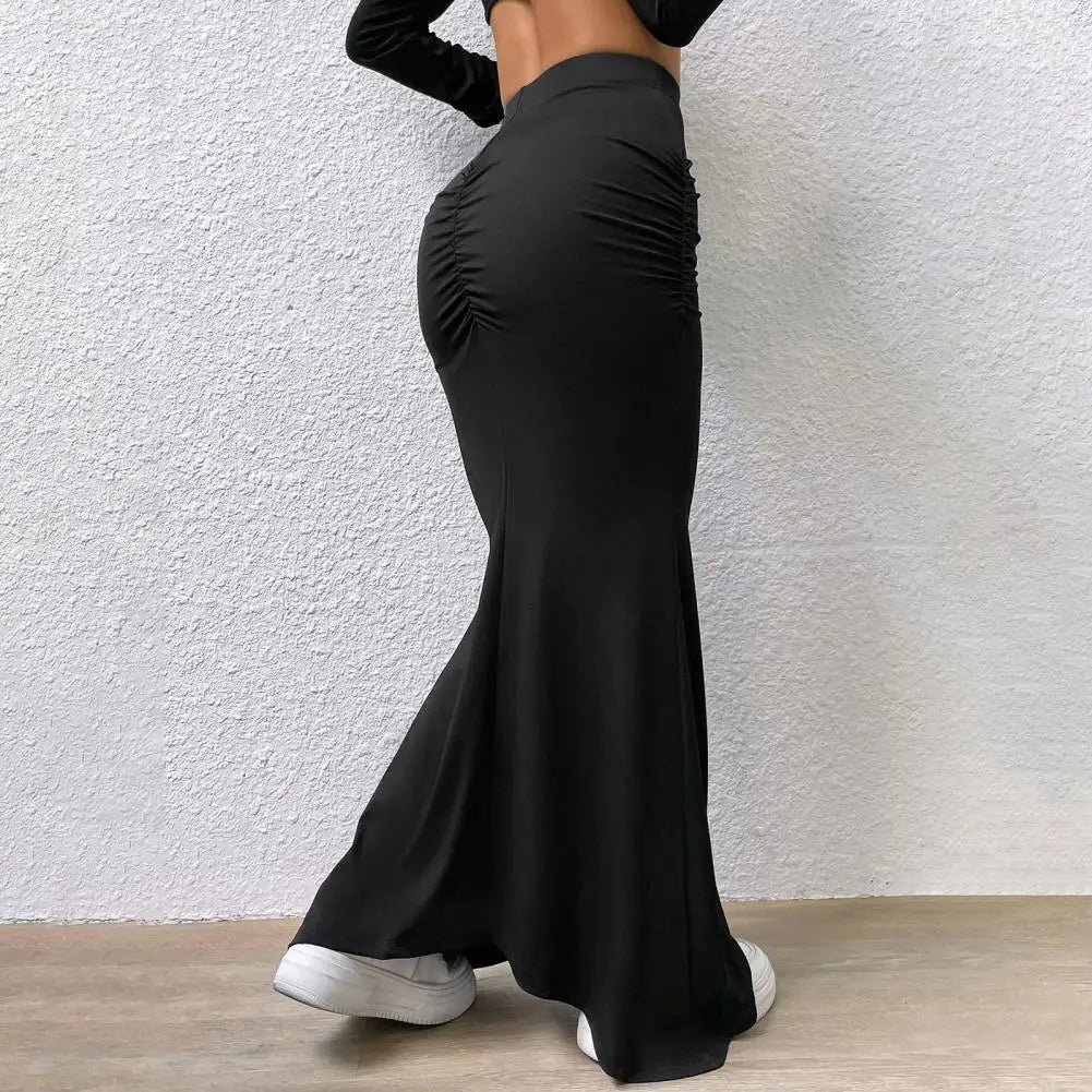Women Maxi Skirt Solid Color High Waist Knitted Women's Fishtail Skirt Long Skirt Spring Autumn Elegant Shirring Design Skirts