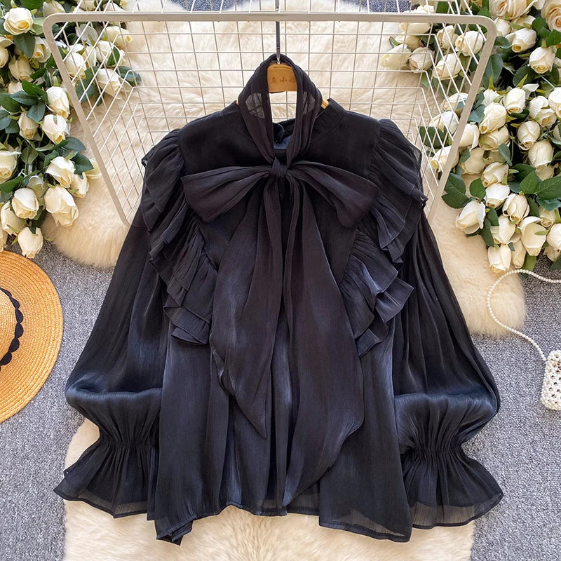 Women Blouse Elegant Bow-detailed Chiffon Blouse Ruffle Hem Featuring Lightweight Layering Piece Spring Summer Blusa Top BL341