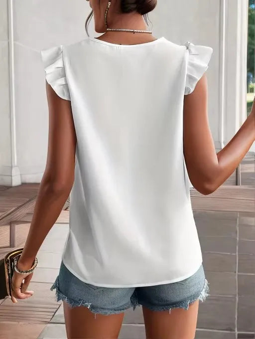 Elegant women's blouse with lace, sleeveless, summer tunic, office-appropriate, V-neck blouse