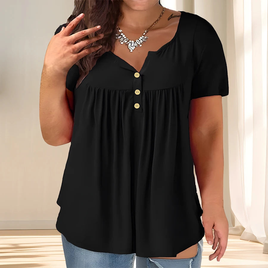 [Elegant Plus Size Blouse] Lightweight Polyester Women's Casual Crew Neck Short Sleeve Blouse, Plus Size | Solid Color, Subtle S