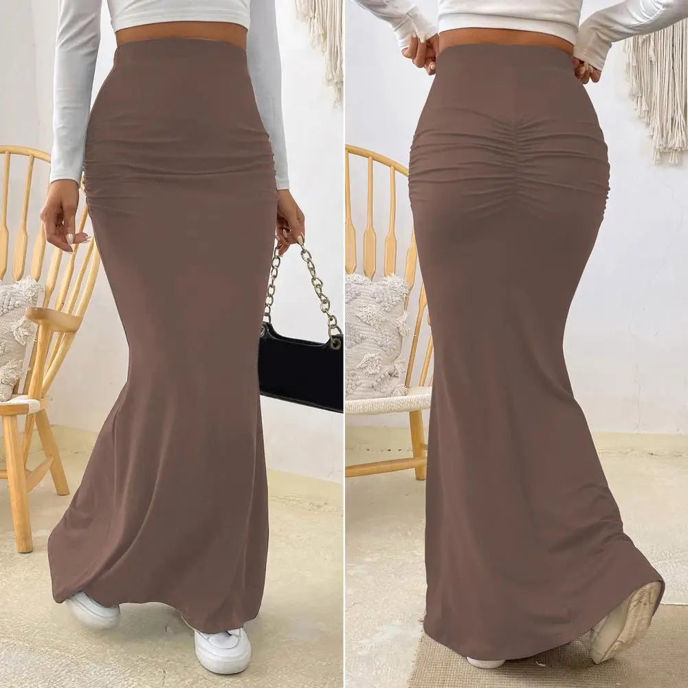 Women Maxi Skirt Solid Color High Waist Knitted Women's Fishtail Skirt Long Skirt Spring Autumn Elegant Shirring Design Skirts