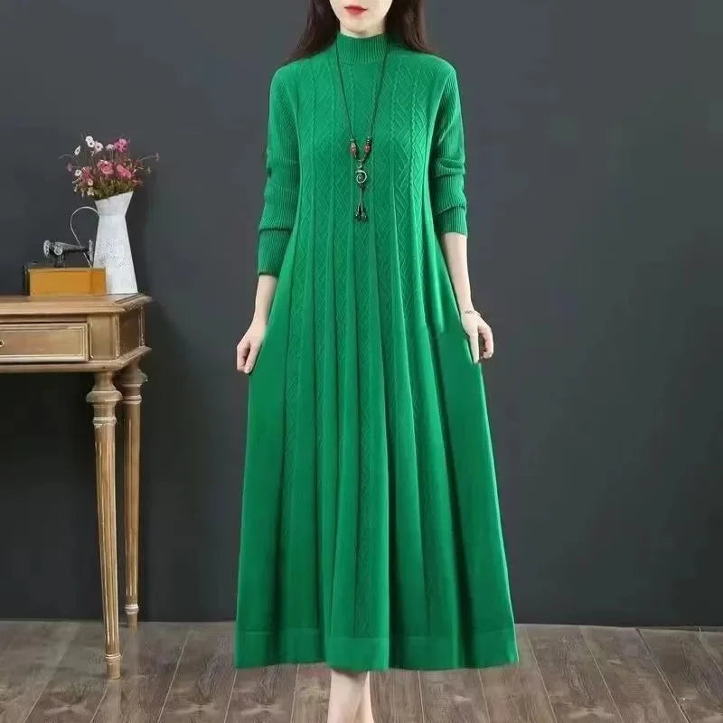 Autumn/Winter Women Knitted Dress 2025 New Solid Loose Pullover Half High Collar Long Knitted Sweater Dress Female High-Quality