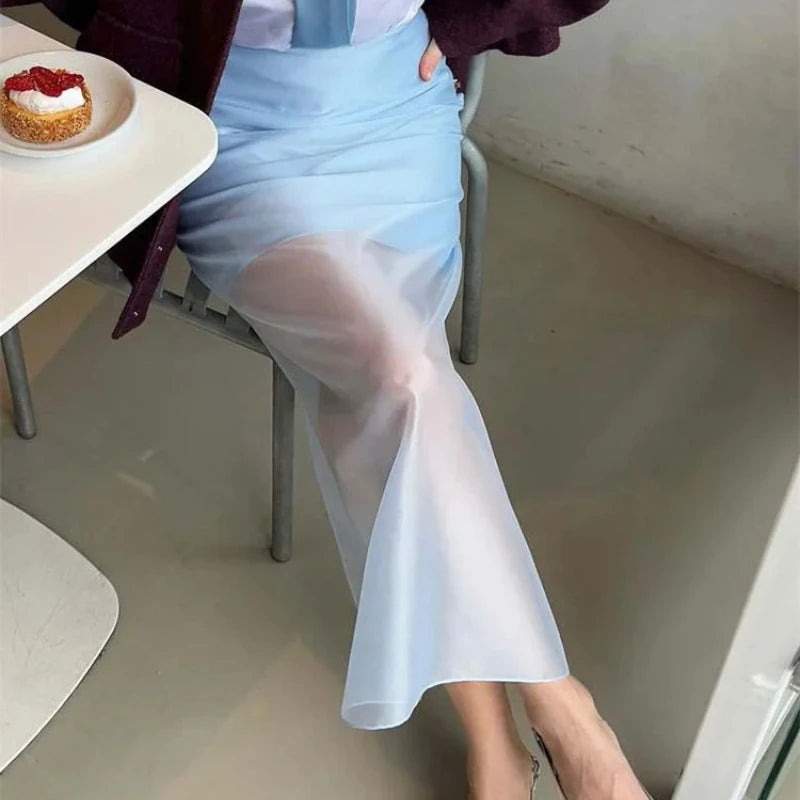 Tsiisd Fashion See-Through High Waist Long Skirt Female Commute Slim Casual Solid Y2k Skirt Summer Women's Mesh Maxi Skirt 2026