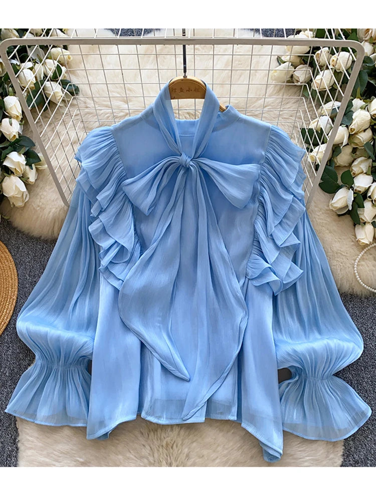 Women Blouse Elegant Bow-detailed Chiffon Blouse Ruffle Hem Featuring Lightweight Layering Piece Spring Summer Blusa Top BL341