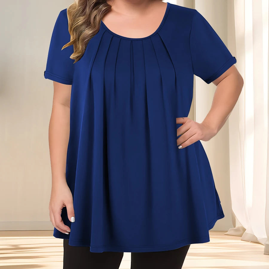 [Elegant Plus Size Blouse] Lightweight Polyester Women's Casual Crew Neck Short Sleeve Blouse, Plus Size | Solid Color, Subtle S