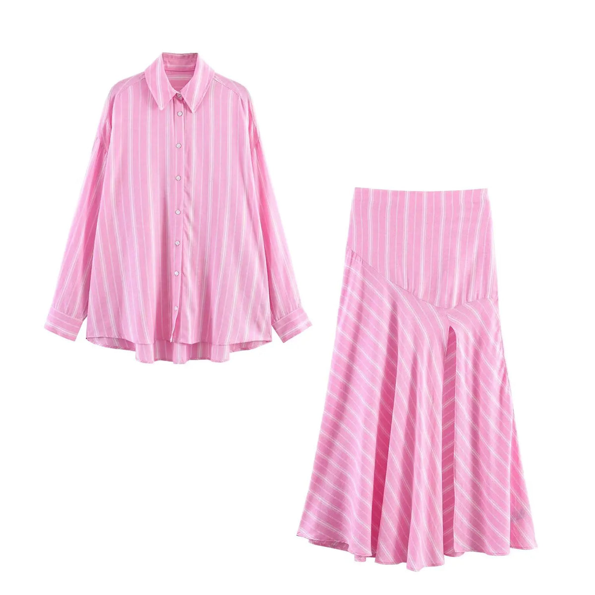 Women's Fashion Skirt Set 2 Piece Set Pink Oversize Long Sleeve Striped Shirt & Zipper Splicing Pleated Midi Skirt Female Outfit