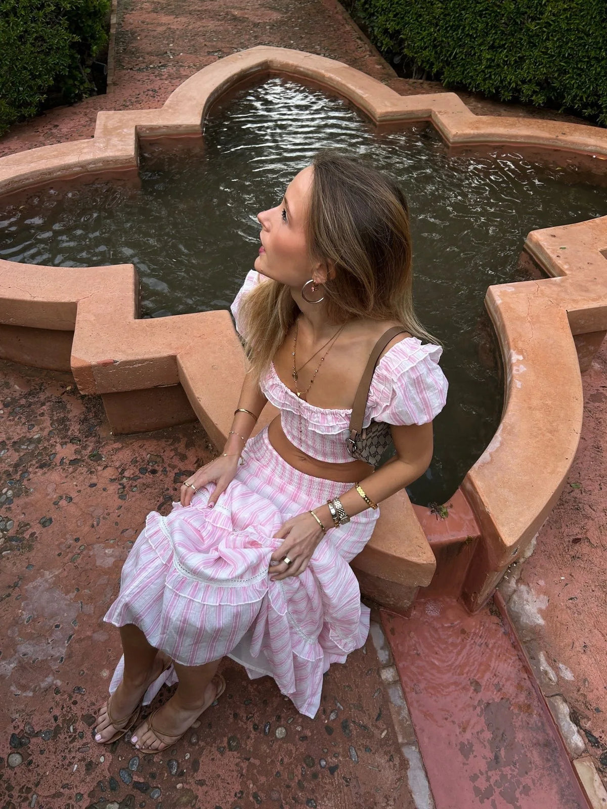 Striped Skirt Two-piece Summer New Product Bubble Sleeve Square Neck Short Top Low Waist Layered Skirt Women