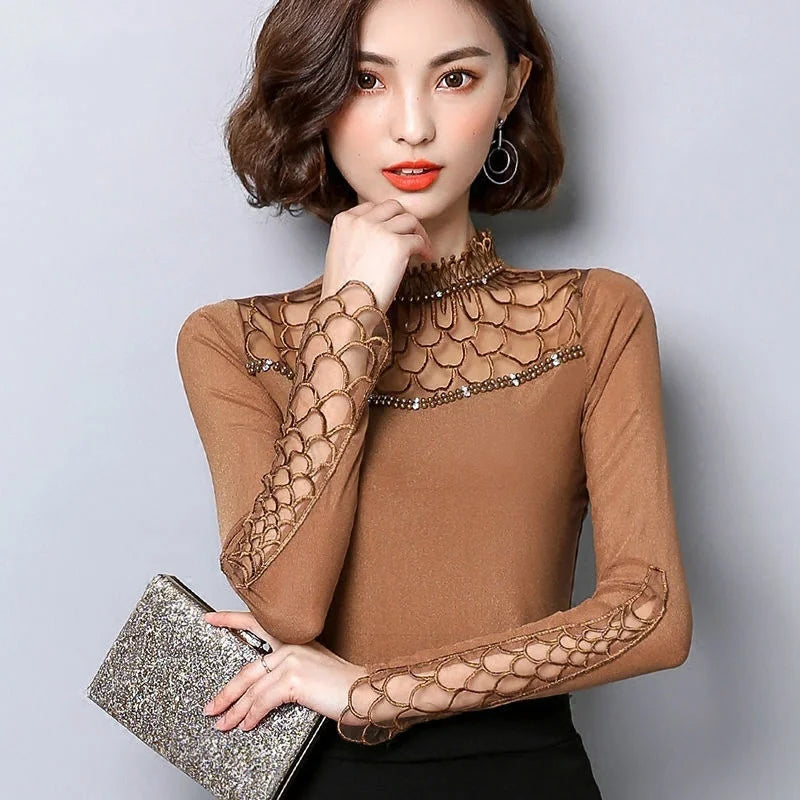 Women blouse shirt fashion long sleeve blouse Hollow out Lace tops Elegant Slim Patchwork